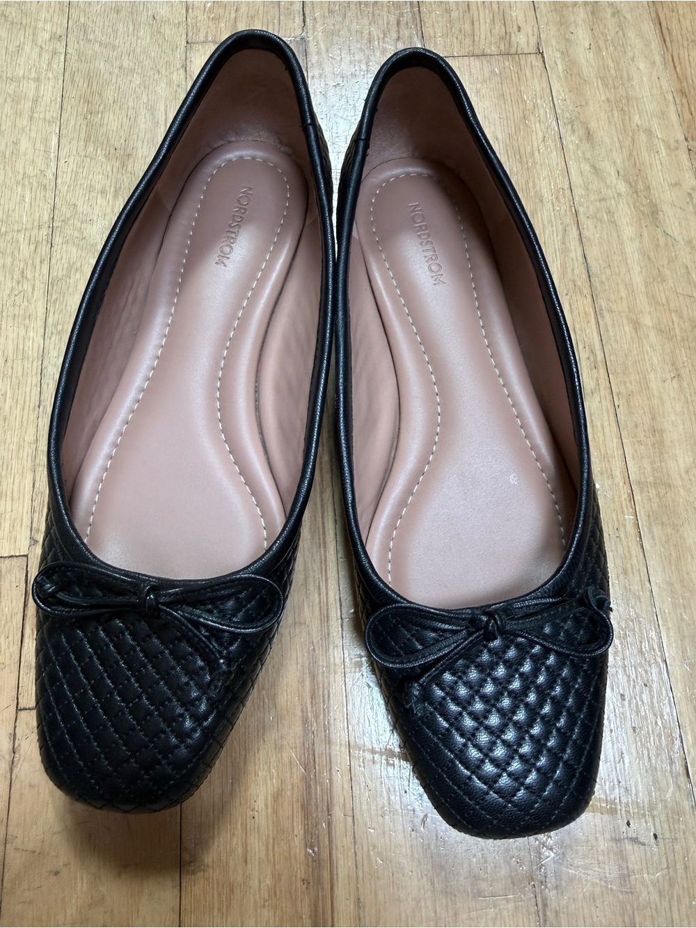 Nordstrom Black Quilted Ballet Flats Bow Square Toe Women’s 7.5